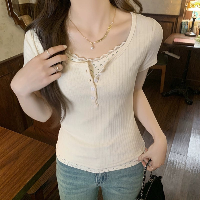 Pure Desire Style Floral Lace Age-Reducing Short-Sleeved T-Shirt Women'S Summer Slim-Fit Slimming Inner Base Top - Image 3