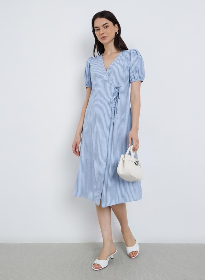 تايك تو فستان مخطط بطول الركبة بأكمام منفوخة - Image 1