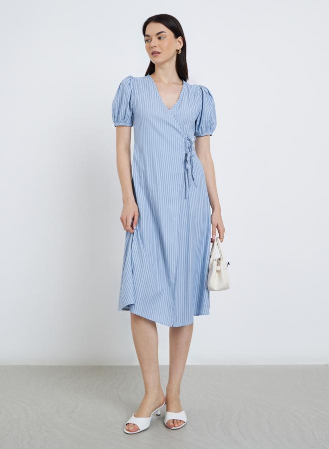 تايك تو فستان مخطط بطول الركبة بأكمام منفوخة - Image 3