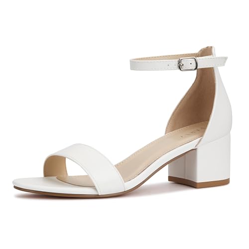 PARTY Women's Open Toe Ankle Strap Low Block Chunky Heels Sandals, White Pu B, 8 - Image 1