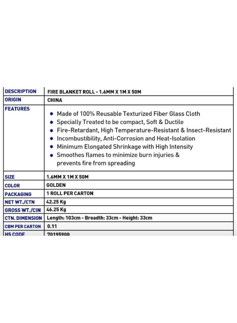 Vaultex Fire Blanket Roll, 1.6MM Thk, 1 Mtr Width x 50 Mtrs Length - Image 2