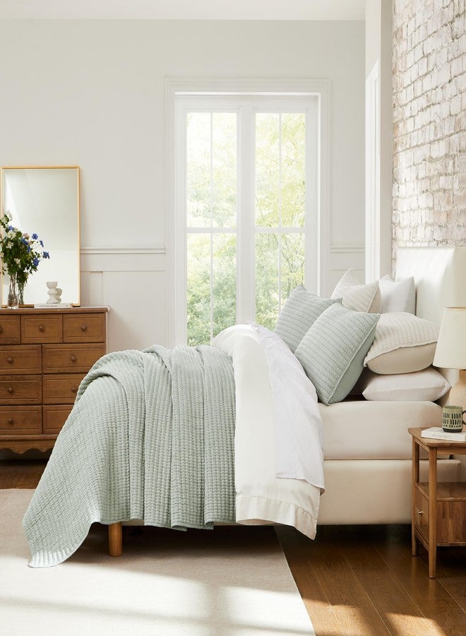 WDCOZY Sage Green Pick Stitch Queen Size Quilt Set, Striped Lightweight Soft Summer Spring Bedspread, Bamboo Linen Like Textured Coverlet, Chambray Farmhouse Country Rustic Thin Bedding Comforter - Image 4
