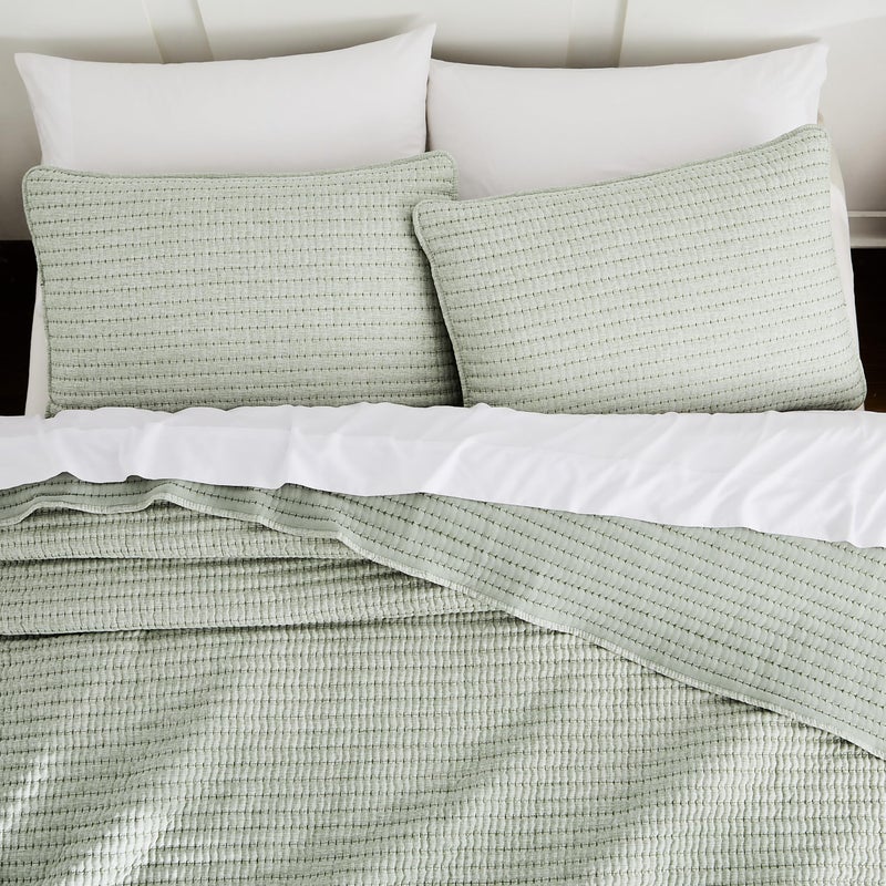 WDCOZY Sage Green Pick Stitch Queen Size Quilt Set, Striped Lightweight Soft Summer Spring Bedspread, Bamboo Linen Like Textured Coverlet, Chambray Farmhouse Country Rustic Thin Bedding Comforter - Image 1