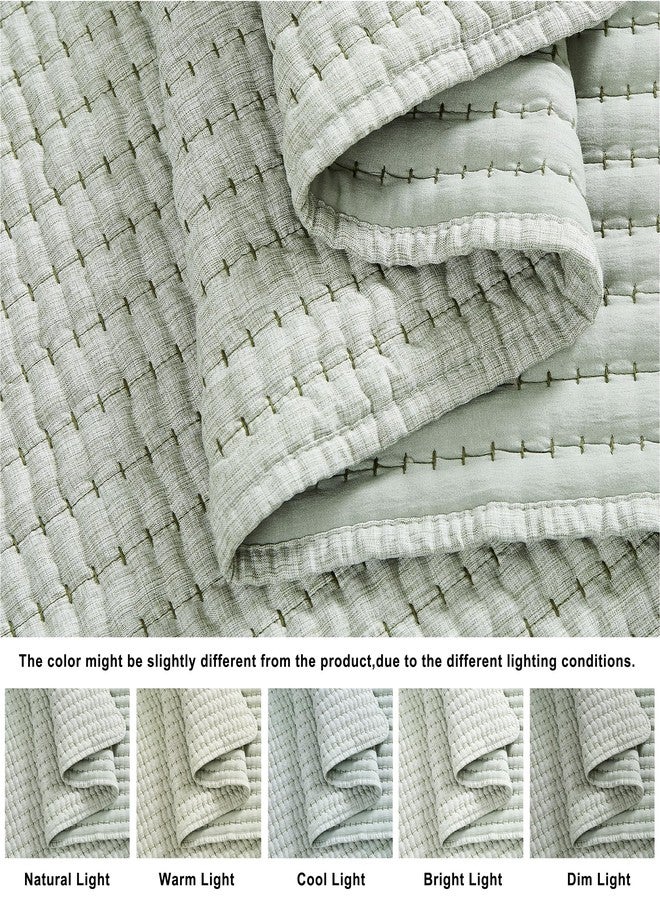 WDCOZY Sage Green Pick Stitch Queen Size Quilt Set, Striped Lightweight Soft Summer Spring Bedspread, Bamboo Linen Like Textured Coverlet, Chambray Farmhouse Country Rustic Thin Bedding Comforter - Image 5