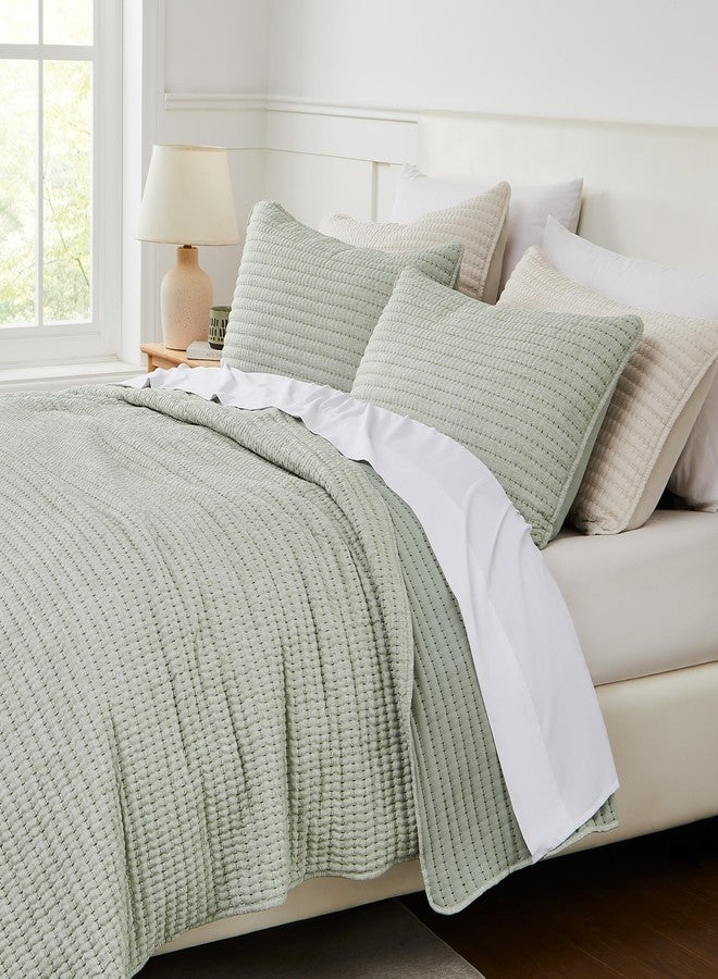 WDCOZY Sage Green Pick Stitch Queen Size Quilt Set, Striped Lightweight Soft Summer Spring Bedspread, Bamboo Linen Like Textured Coverlet, Chambray Farmhouse Country Rustic Thin Bedding Comforter - Image 3