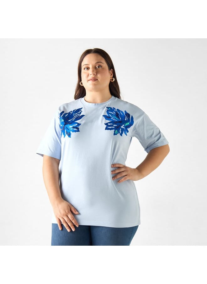 Ulla Popken Plus Size Ulla Popken Embroidered T-shirt with Short Sleeves  - Image 1