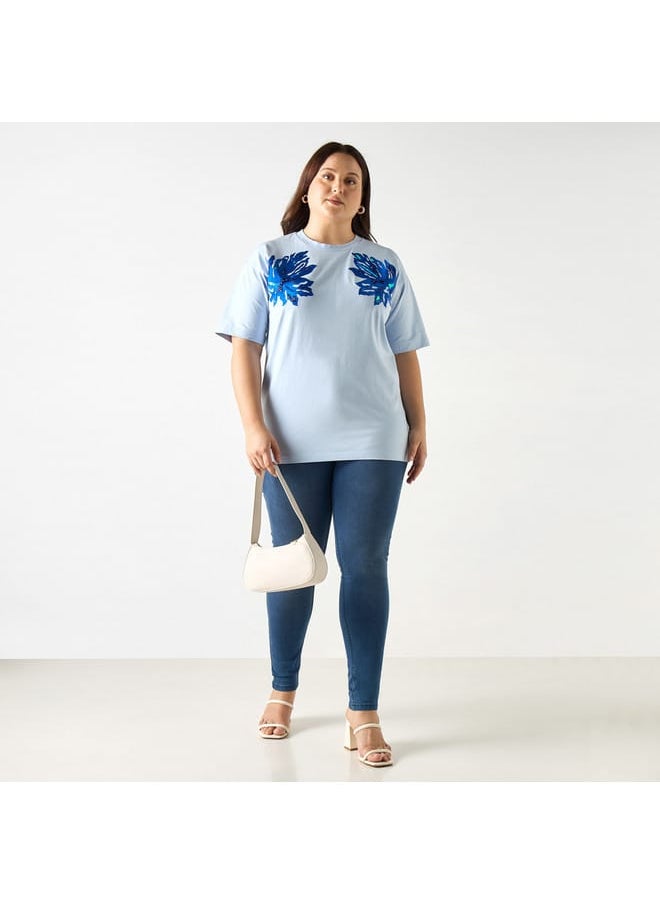 Ulla Popken Plus Size Ulla Popken Embroidered T-shirt with Short Sleeves  - Image 2