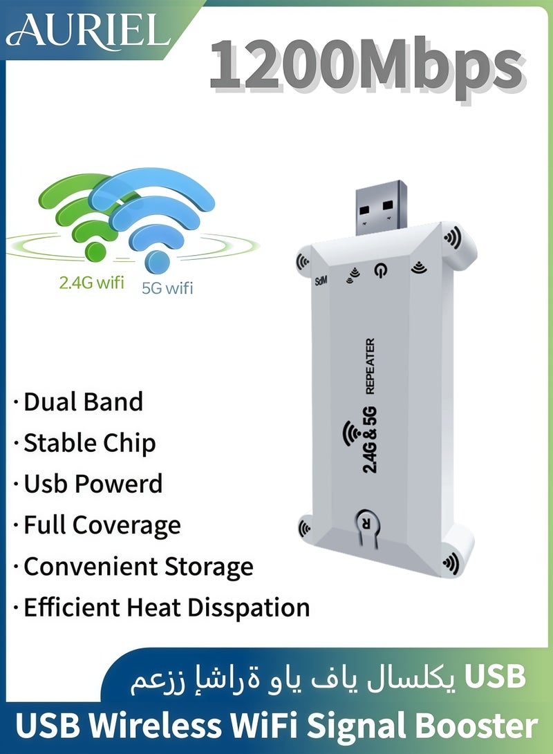 أورييل مُعزز إشارة WiFi لاسلكي بمنفذ USB - مُكرر إشارة مزدوج النطاق (2.4G/5G) بسرعة 1200 ميجابت في الثانية، يوفر تغطية إشارة شاملة وقدرة على اختراق الجدران، يعمل بنظام "التوصيل والتشغيل" (Plug and Play)، وهو جهاز محمول ومثالي للاستخدام في المنزل وأثناء السفر. - Image 1