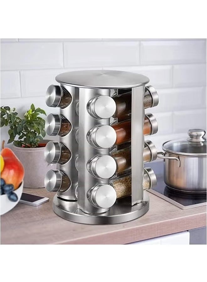 BLOOMING TIME 16 Piece Transparent Glass Spice Cans And Stainless Steel Spice Cans Storage Racks, Can Be Rotated 360 Degrees, Classified And Stored, Large Capacity, Easy To Use - Image 1
