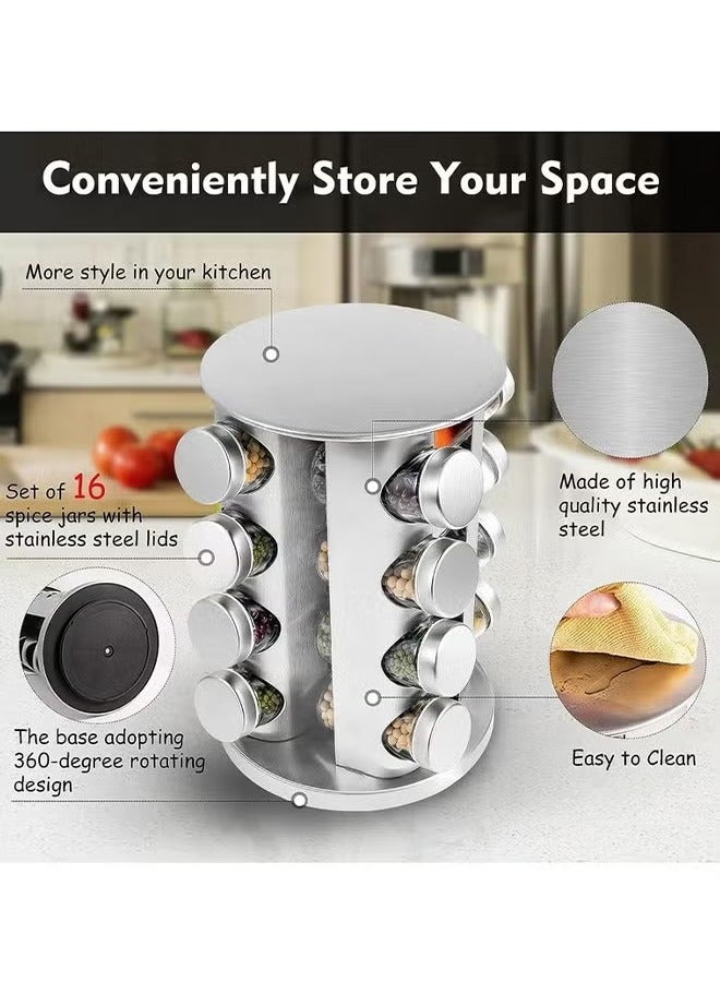 BLOOMING TIME 16 Piece Transparent Glass Spice Cans And Stainless Steel Spice Cans Storage Racks, Can Be Rotated 360 Degrees, Classified And Stored, Large Capacity, Easy To Use - Image 3