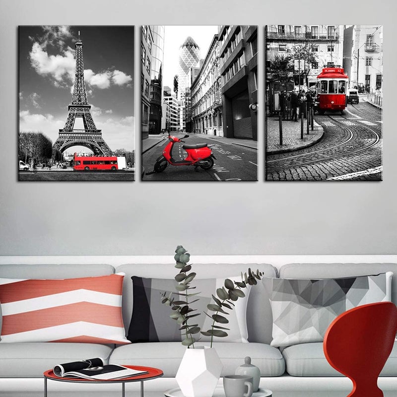 sunfrower Paris Wall Decor Eiffel Tower Canvas Wall Art Black and White Red Bus Bedroom Pictures Home Decorations 12×16 Inch London Urban Building Cityscape Tram Prints Artwork Posters 3 Panels - Image 4