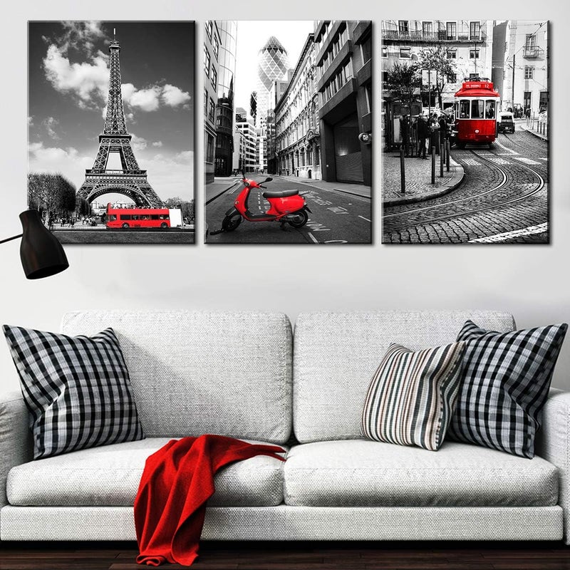sunfrower Paris Wall Decor Eiffel Tower Canvas Wall Art Black and White Red Bus Bedroom Pictures Home Decorations 12×16 Inch London Urban Building Cityscape Tram Prints Artwork Posters 3 Panels - Image 2