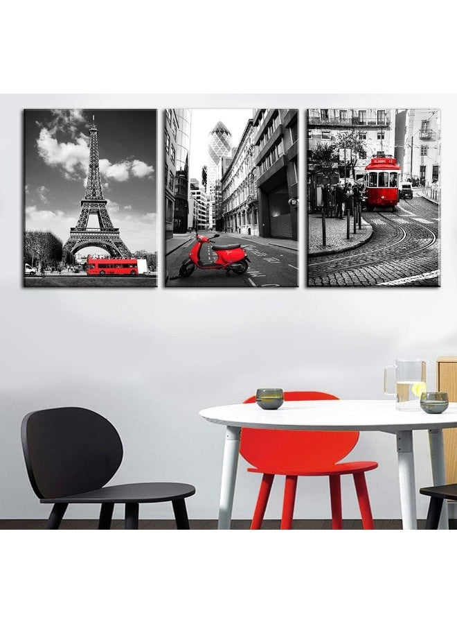 sunfrower Paris Wall Decor Eiffel Tower Canvas Wall Art Black and White Red Bus Bedroom Pictures Home Decorations 12×16 Inch London Urban Building Cityscape Tram Prints Artwork Posters 3 Panels - Image 5