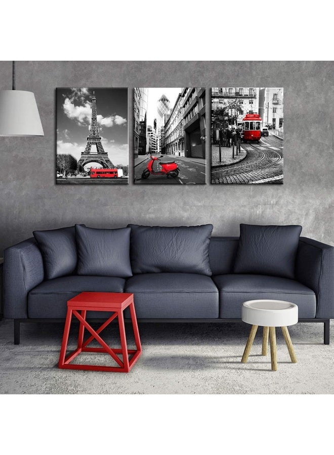 sunfrower Paris Wall Decor Eiffel Tower Canvas Wall Art Black and White Red Bus Bedroom Pictures Home Decorations 12×16 Inch London Urban Building Cityscape Tram Prints Artwork Posters 3 Panels - Image 3