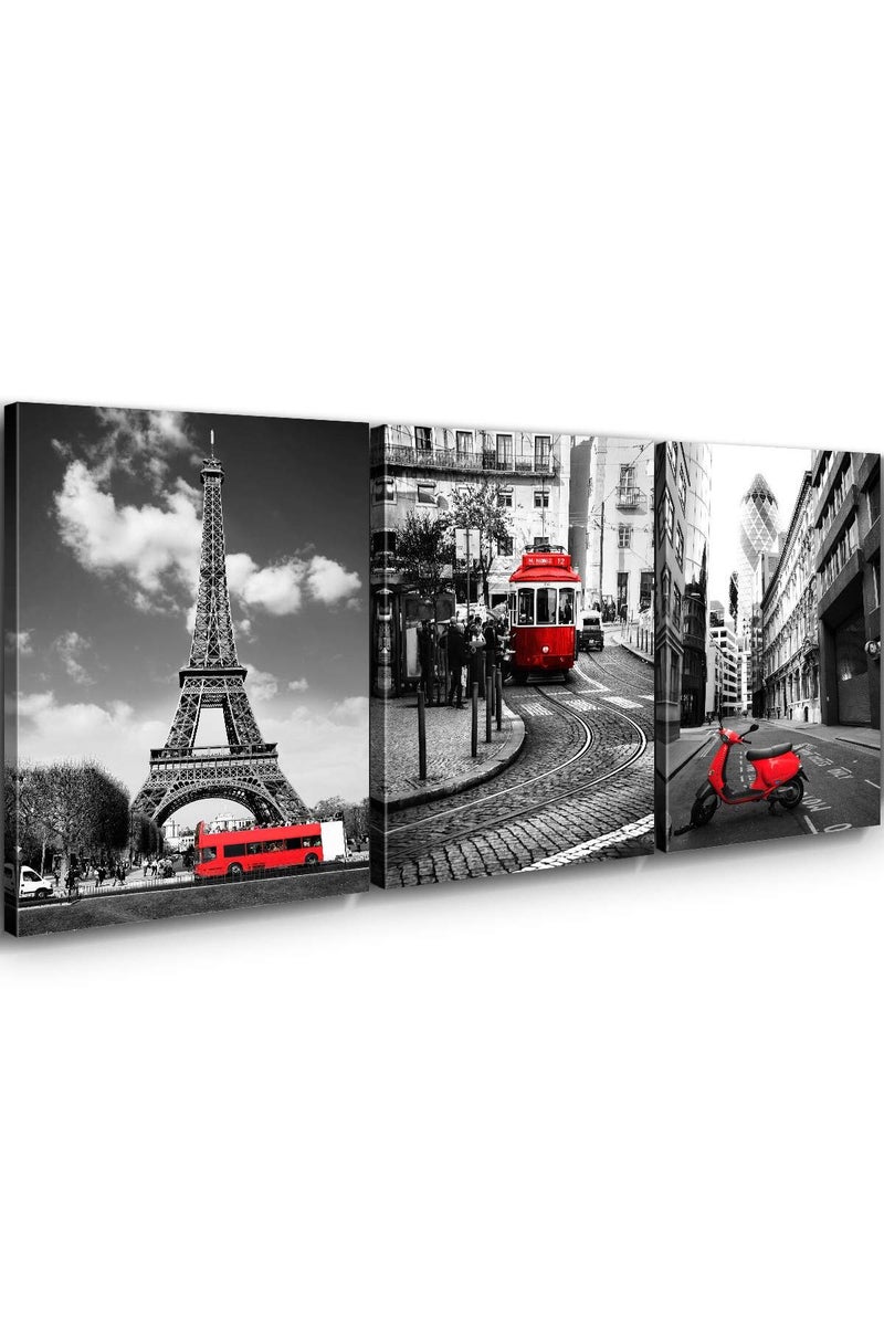 sunfrower Paris Wall Decor Eiffel Tower Canvas Wall Art Black and White Red Bus Bedroom Pictures Home Decorations 12×16 Inch London Urban Building Cityscape Tram Prints Artwork Posters 3 Panels - Image 1