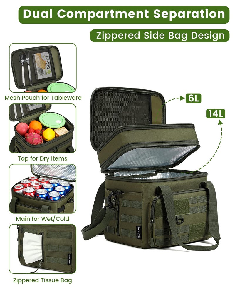 RalChyez Tactical Lunch Bag, 20L Large Heavy Duty Double Deck Insulated Lunch Box Leakproof Expandable Tote Cooler with Shoulder Strap for Adult Men Women Work Fishing Picnic Travel Green - Image 4