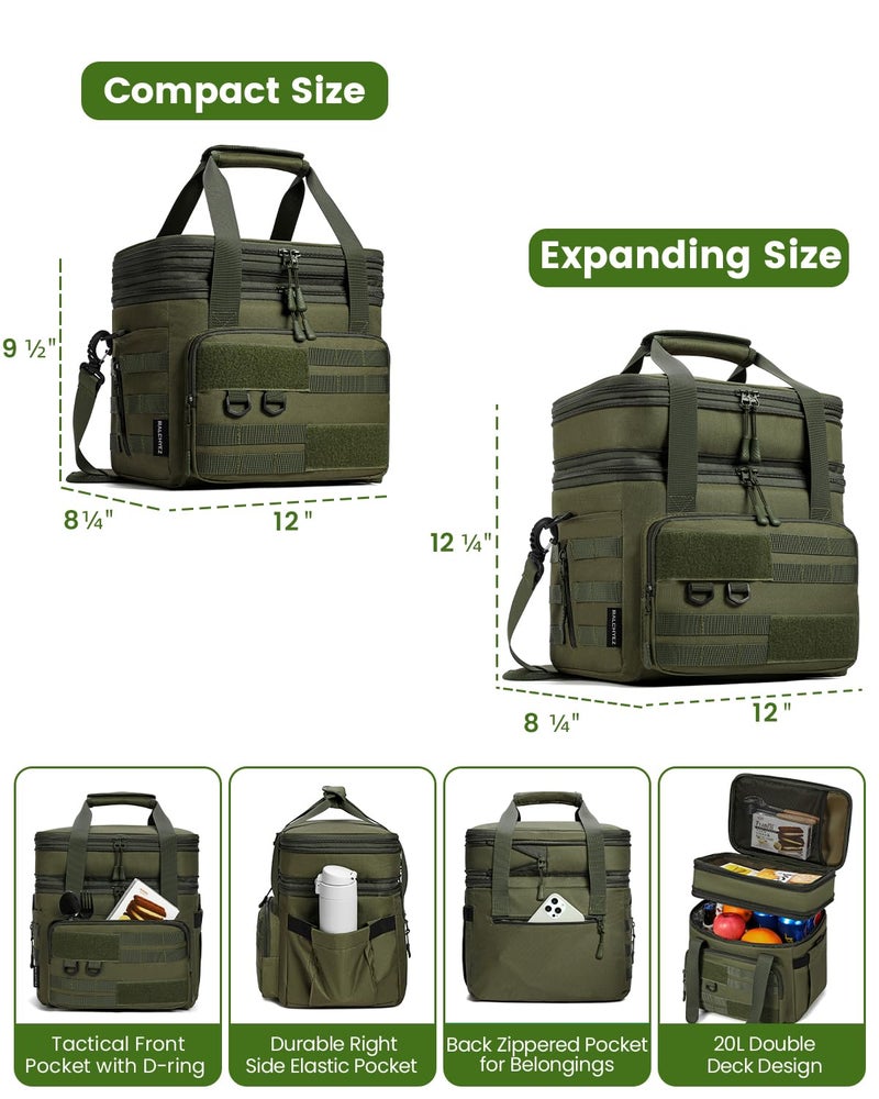 RalChyez Tactical Lunch Bag, 20L Large Heavy Duty Double Deck Insulated Lunch Box Leakproof Expandable Tote Cooler with Shoulder Strap for Adult Men Women Work Fishing Picnic Travel Green - Image 3