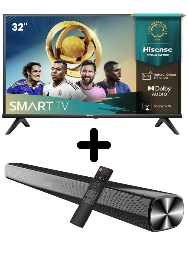 Bundle Of 32-inch VIDAA Smart HD TV (DTS Virtual-X, Game & Sports Mode, Bezel-Less Design) With Soundbar (Bluetooth, FM Radio, 2.0 Channel Audio) 32A4Q+SOUNDBAR Black