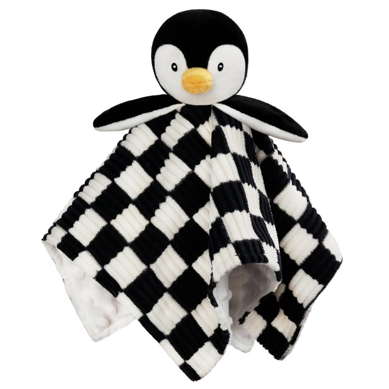 BEILIMU Baby Lovey Blanket for Boys Girls Super Soft Checkerboard Gingham with Minky Dot Fabric Backing Penguin Stuffed Animal Lovely Snuggle Toy Black 14 Inch - Image 1