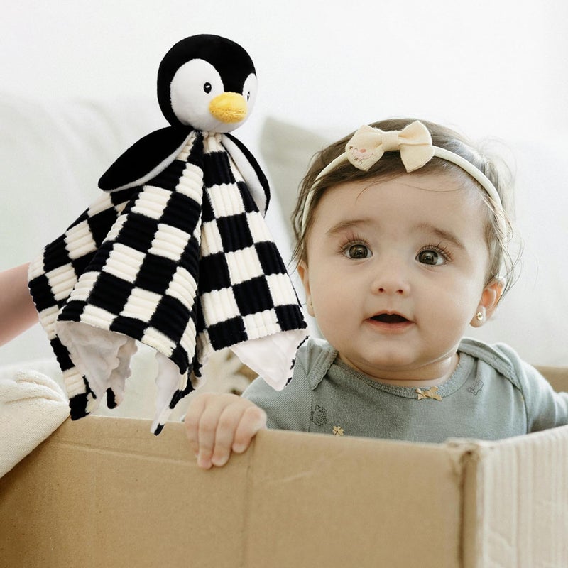 BEILIMU Baby Lovey Blanket for Boys Girls Super Soft Checkerboard Gingham with Minky Dot Fabric Backing Penguin Stuffed Animal Lovely Snuggle Toy Black 14 Inch - Image 2