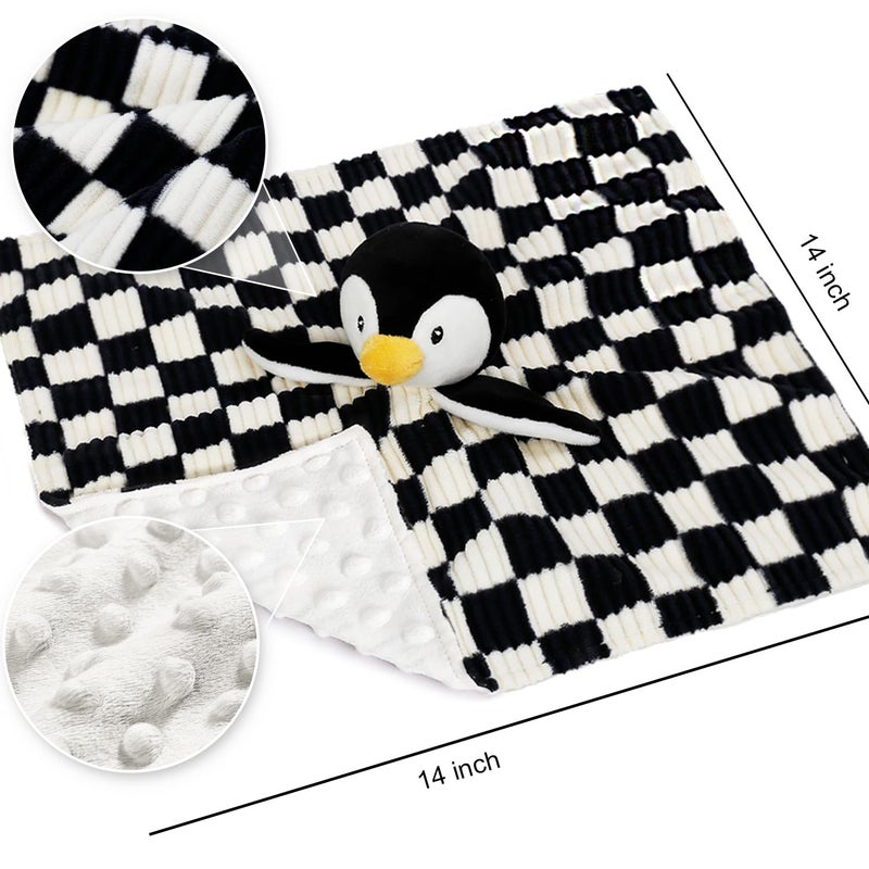 BEILIMU Baby Lovey Blanket for Boys Girls Super Soft Checkerboard Gingham with Minky Dot Fabric Backing Penguin Stuffed Animal Lovely Snuggle Toy Black 14 Inch - Image 3
