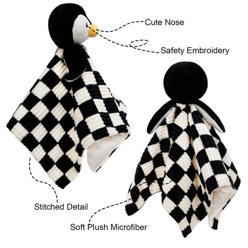 BEILIMU Baby Lovey Blanket for Boys Girls Super Soft Checkerboard Gingham with Minky Dot Fabric Backing Penguin Stuffed Animal Lovely Snuggle Toy Black 14 Inch - Image 4