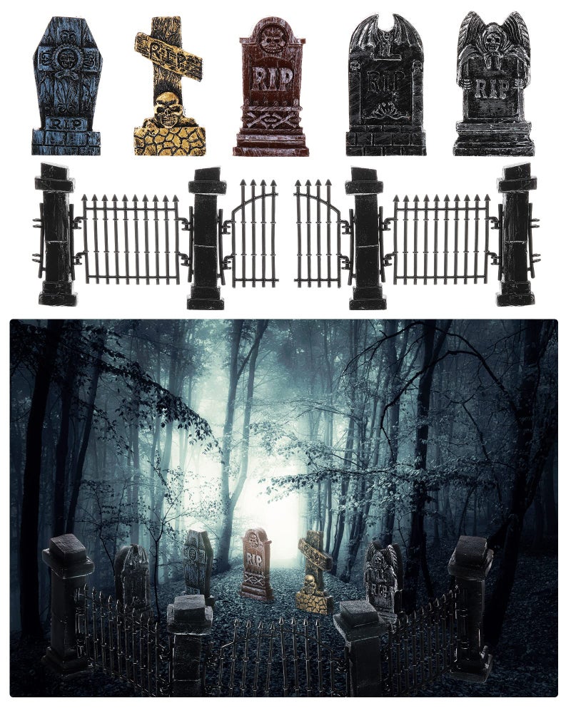 7 Pcs Halloween Miniature Tombstones Decorations Spooky Miniature Fence Figurine Mini Cemetary Headstones Haunted Halloween Graveyard Decorations Halloween Cemetery Fence Rip Graveyard Tombstone