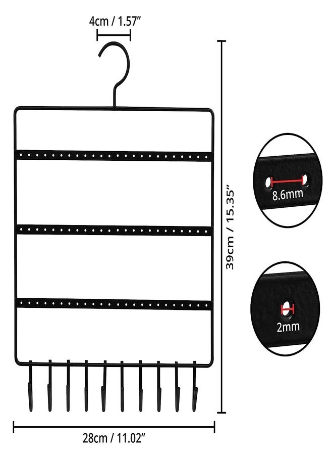 TechSrmaji 3-Tier Metal Jewelry Organizer Stand, Wall Mounted Earring Holder with 72 Holes and 10 Hooks for Necklaces, Bracelets, Black (Pack Of 1) - Image 2