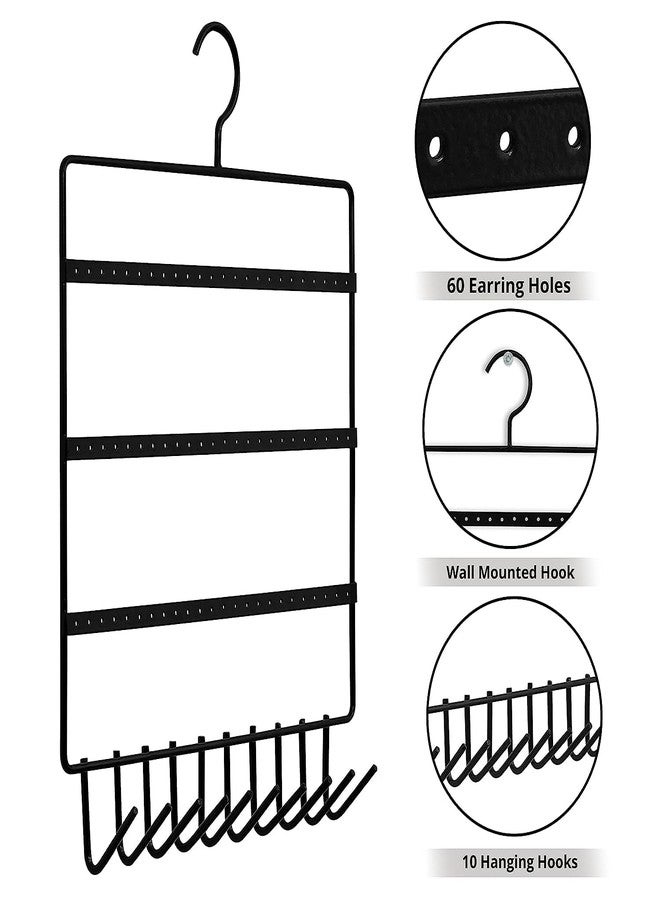 TechSrmaji 3-Tier Metal Jewelry Organizer Stand, Wall Mounted Earring Holder with 72 Holes and 10 Hooks for Necklaces, Bracelets, Black (Pack Of 1) - Image 3