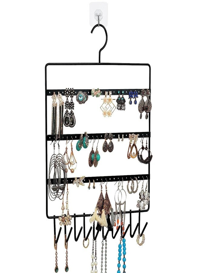 TechSrmaji 3-Tier Metal Jewelry Organizer Stand, Wall Mounted Earring Holder with 72 Holes and 10 Hooks for Necklaces, Bracelets, Black (Pack Of 1) - Image 1
