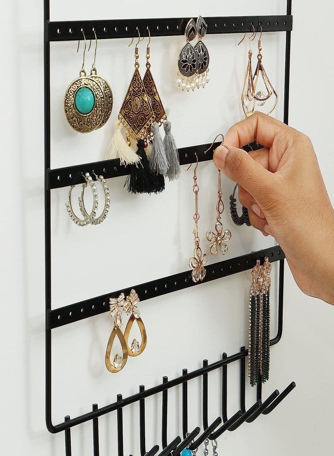 TechSrmaji 3-Tier Metal Jewelry Organizer Stand, Wall Mounted Earring Holder with 72 Holes and 10 Hooks for Necklaces, Bracelets, Black (Pack Of 1) - Image 5