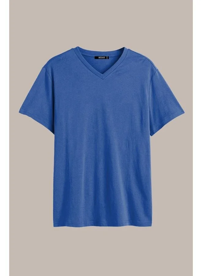 mmetalic Men’s Indigo 100% Cotton Basic Regular Fit Short-Sleeve V-Neck T-Shirt