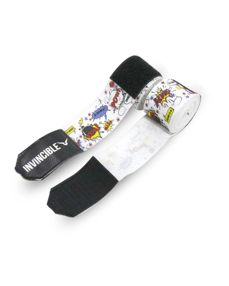 INVINCIBLE Nylon Mexican Style Semi-Stretch Boom Boom Printed Hand Wraps (White, 2.5 Meter) - Image 1