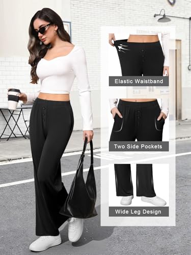 DLOODA Women's Wide Leg Flowy Pants, Soft Modal Lounge Loose Pants with Pockets for Travel Casual Wear Black - Image 4