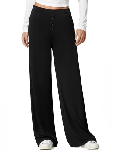 DLOODA Women's Wide Leg Flowy Pants, Soft Modal Lounge Loose Pants with Pockets for Travel Casual Wear Black - Image 1