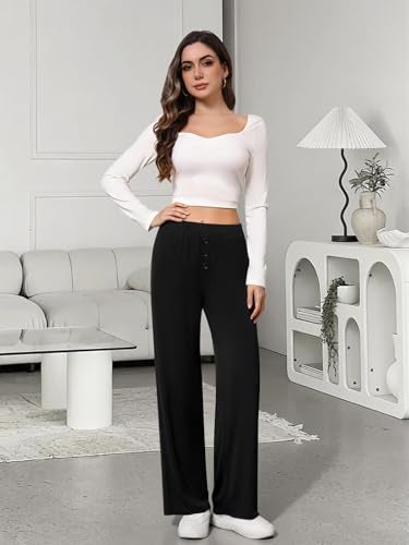 DLOODA Women's Wide Leg Flowy Pants, Soft Modal Lounge Loose Pants with Pockets for Travel Casual Wear Black - Image 3