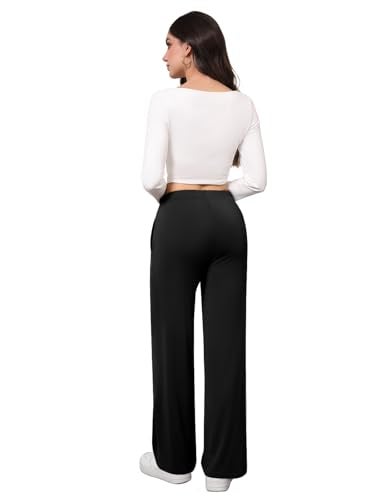 DLOODA Women's Wide Leg Flowy Pants, Soft Modal Lounge Loose Pants with Pockets for Travel Casual Wear Black - Image 2