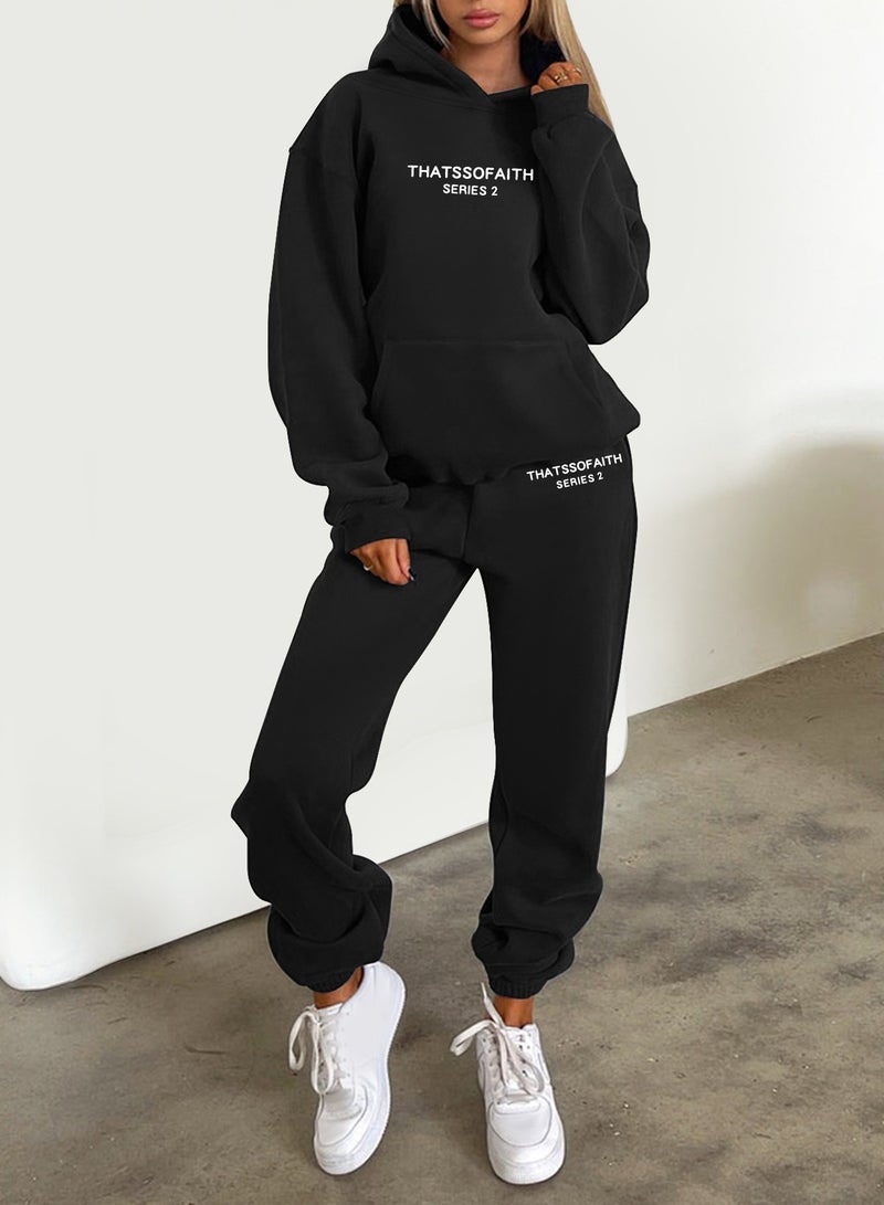 NIBEMINENT Letter Print Casual Two-piece Set, Drawstring Hooded Tops & Drawstring Jogger Pants Outfits, Women's Clothing  - Image 1