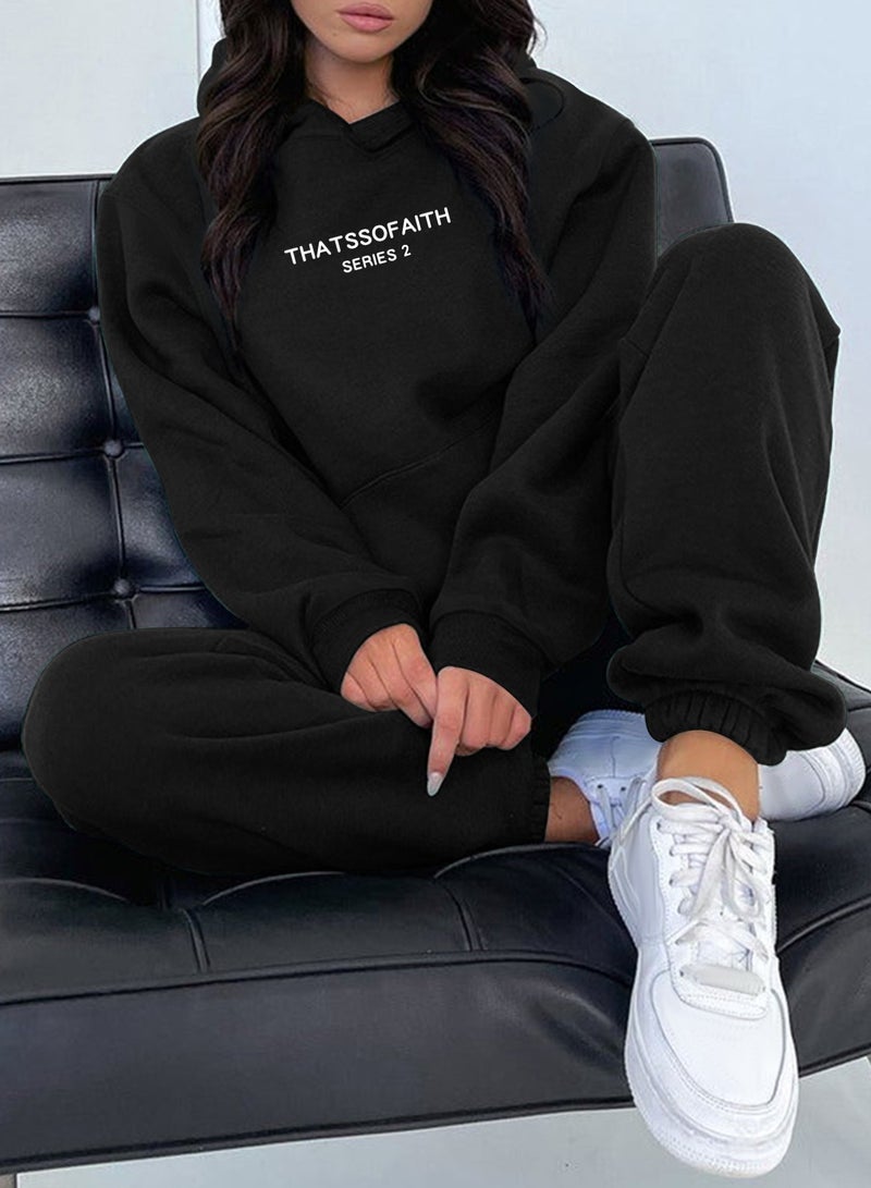 NIBEMINENT Letter Print Casual Two-piece Set, Drawstring Hooded Tops & Drawstring Jogger Pants Outfits, Women's Clothing  - Image 5