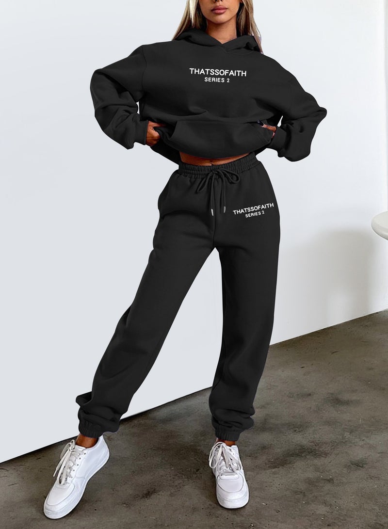 NIBEMINENT Letter Print Casual Two-piece Set, Drawstring Hooded Tops & Drawstring Jogger Pants Outfits, Women's Clothing  - Image 3