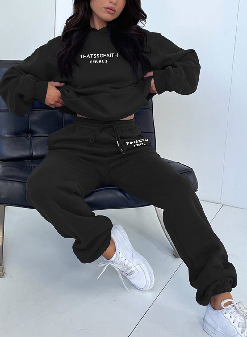 NIBEMINENT Letter Print Casual Two-piece Set, Drawstring Hooded Tops & Drawstring Jogger Pants Outfits, Women's Clothing  - Image 4