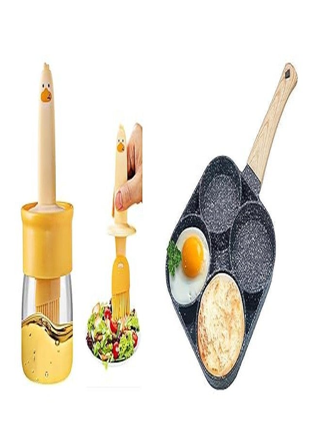 BIRZAR Sauce and Oil Bottle with Silicone Brush for Cooking BBQ Kitchen and 4 Hole Non Stick Egg Frying pan with Detachable Wooden Handle Multi Purpose Frying pan for Omelet uttapam idli Burger - Image 1