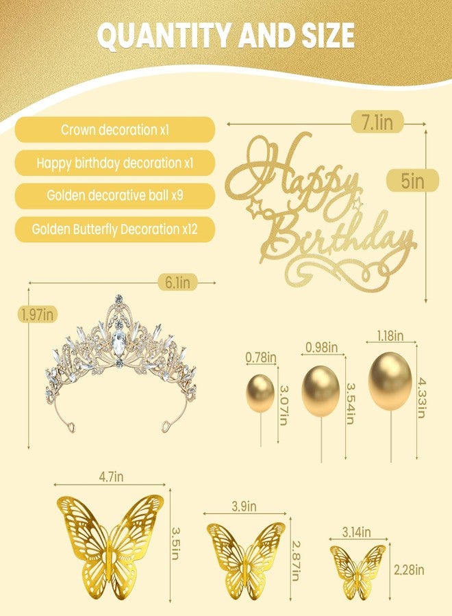 Zaycca ٢٣ قطعة لتزيين كعكة عيد الميلاد، زينة ذهبية لكعكة عيد ميلاد سعيد مع فراشات وكرات وشموع، زينة كعكة عيد ميلاد للأميرة والملكة، تاج للحلويات - Image 2