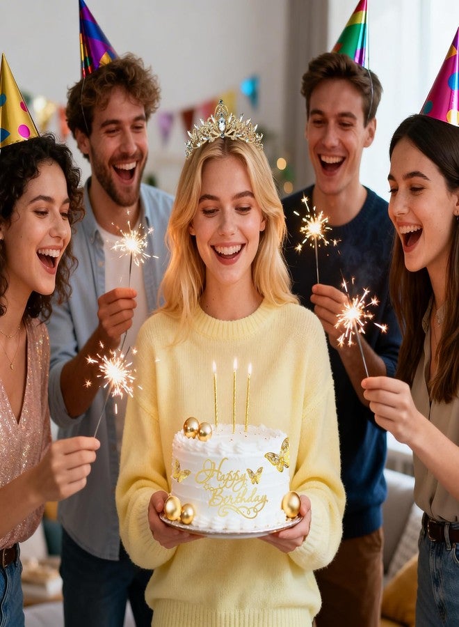 Zaycca ٢٣ قطعة لتزيين كعكة عيد الميلاد، زينة ذهبية لكعكة عيد ميلاد سعيد مع فراشات وكرات وشموع، زينة كعكة عيد ميلاد للأميرة والملكة، تاج للحلويات - Image 4