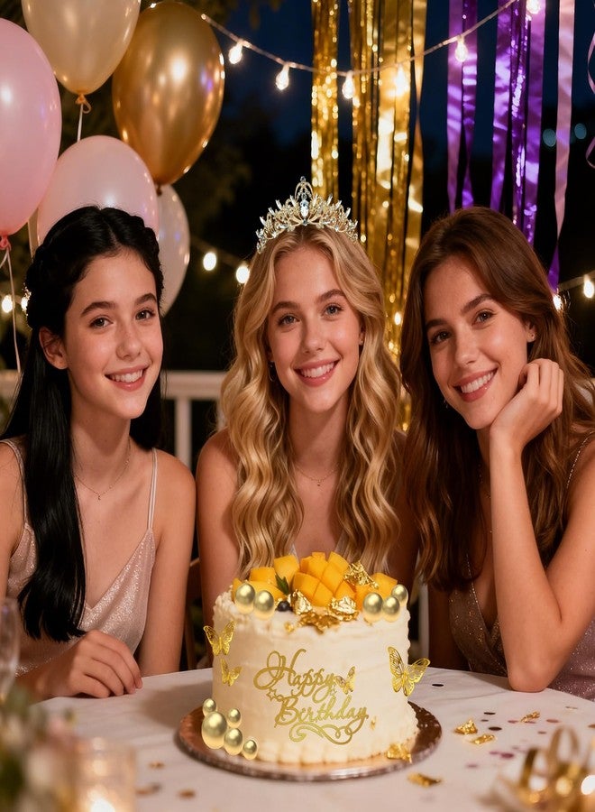 Zaycca ٢٣ قطعة لتزيين كعكة عيد الميلاد، زينة ذهبية لكعكة عيد ميلاد سعيد مع فراشات وكرات وشموع، زينة كعكة عيد ميلاد للأميرة والملكة، تاج للحلويات - Image 3