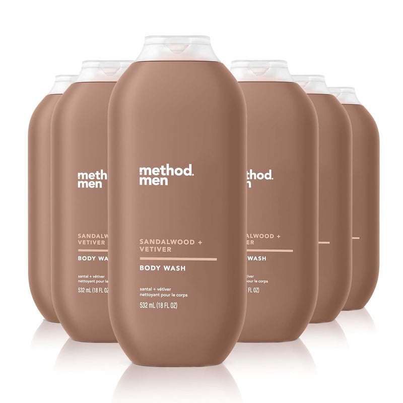 Method غسول جسم للرجال من ميثود برائحة خشب الصندل والفيتيفر خالي من البارابين والفثالات 18 أونصة سائلة عبوة من 6