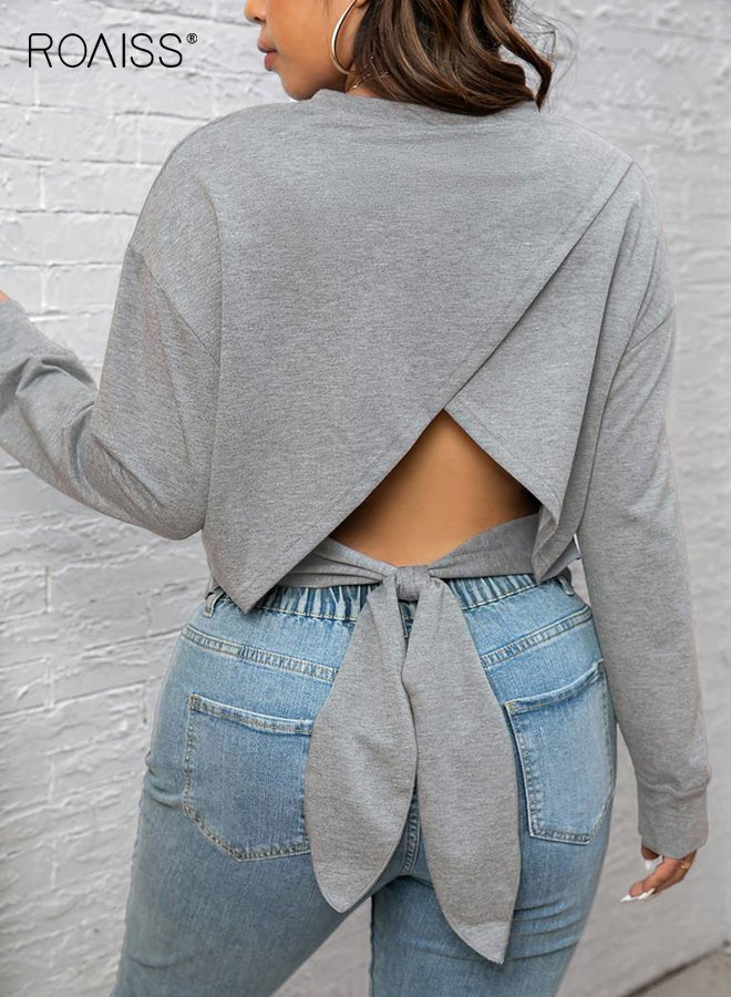 roaiss Chic Plus Size Women's Long Sleeve Crop Top Backless Design with Adjustable Tie-Waist, Fashionable Gray Color Soft Fabric for Structured Fit, Perfect for Casual Wear and Versatile Styling - Image 3