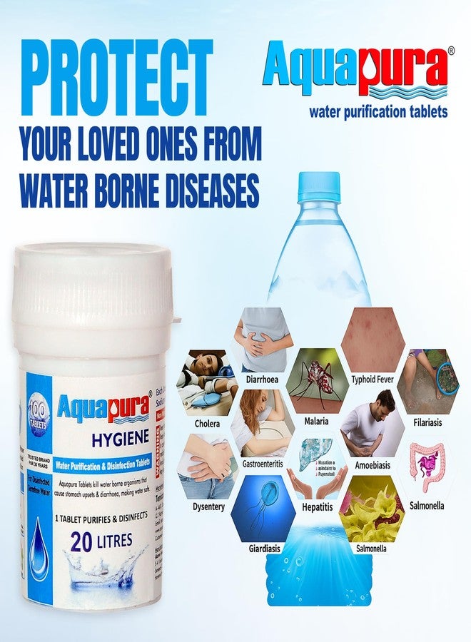 Aquapura أقراص تنقية المياه أكوابورا، عبوة من 100 قرص، كل قرص يكفي لتنقية 10 لترات من الماء (جهاز تنقية المياه)، ضمان لمدة 3 سنوات، يجعل الماء نقيًا وآمنًا، عبوة من قطعتين - Image 4