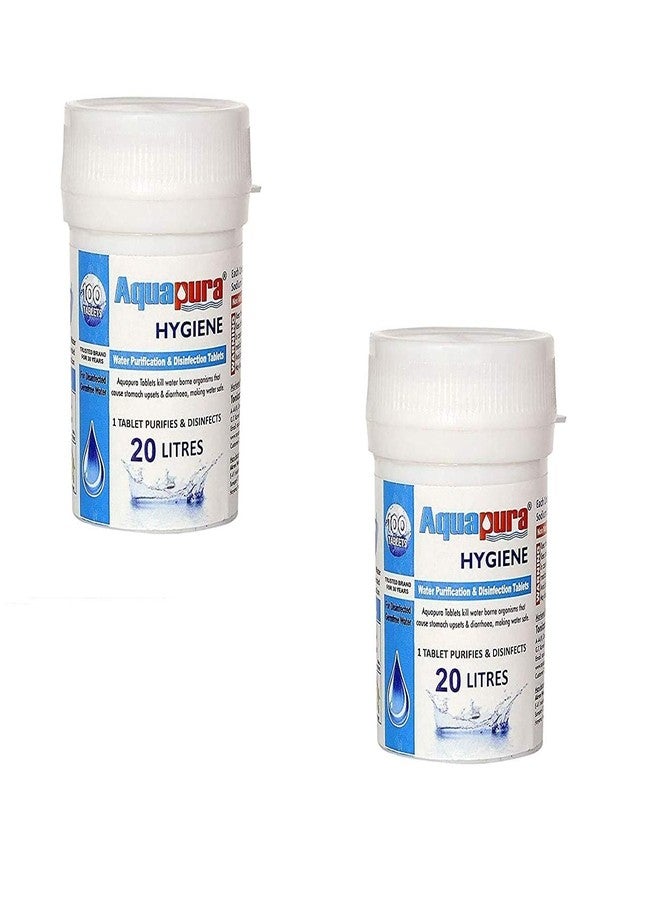 Aquapura أقراص تنقية المياه أكوابورا، عبوة من 100 قرص، كل قرص يكفي لتنقية 10 لترات من الماء (جهاز تنقية المياه)، ضمان لمدة 3 سنوات، يجعل الماء نقيًا وآمنًا، عبوة من قطعتين - Image 1