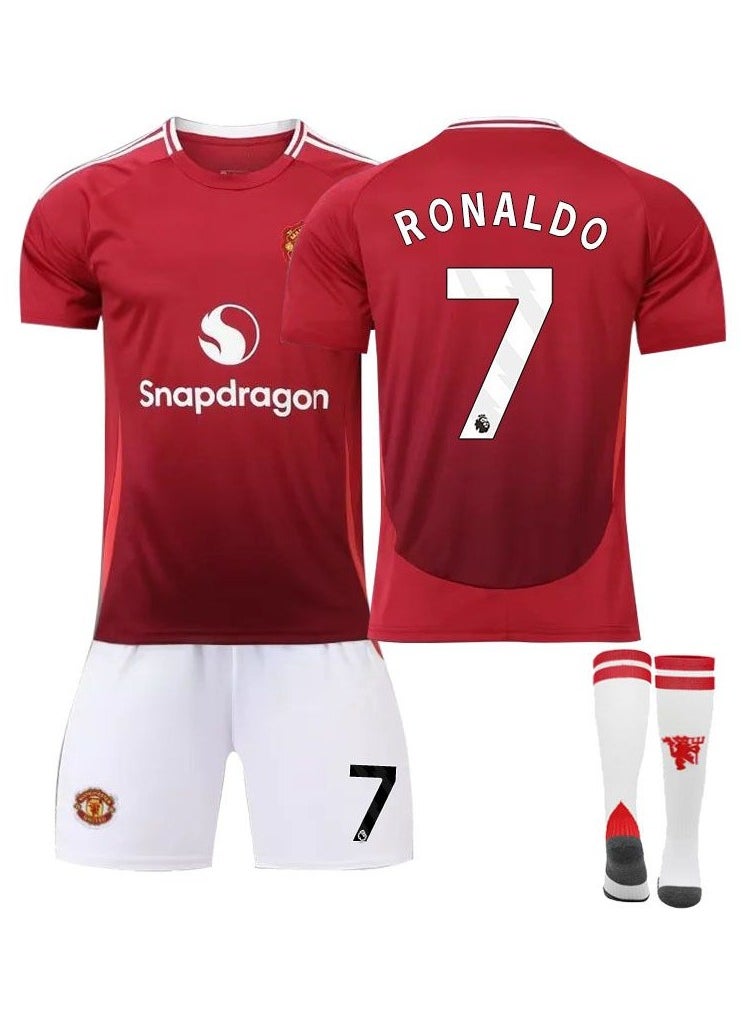 RedMapleTEK - Children's Football Jersey, 23/24 New Season Manchester L Red Devils Home No. 7 Ronaldo Jersey 3-Piece Sweatshirt Set, Jersey, Shorts And Socks Set, Children's Youth Size, Football Jersey Gift Set - Image 1